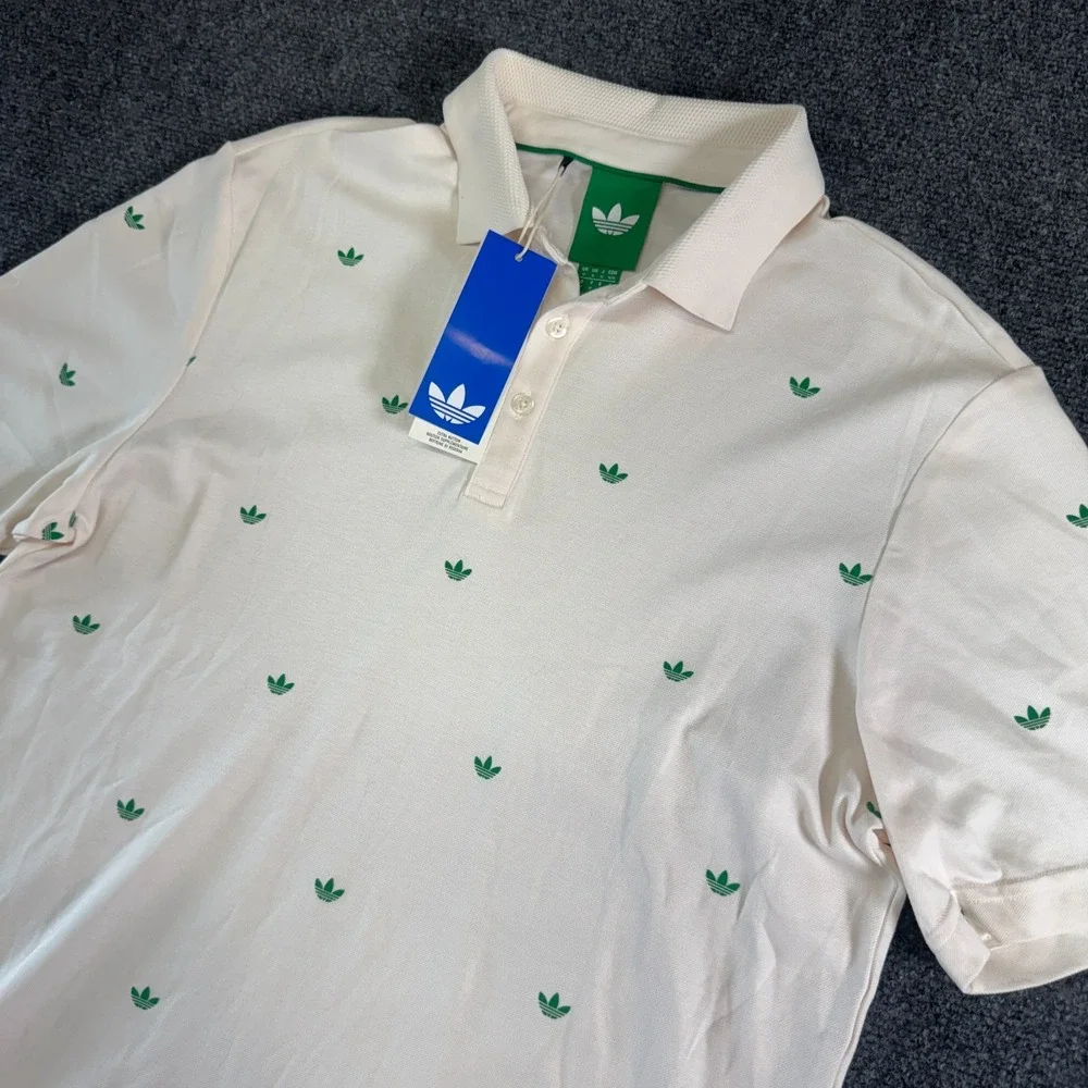Adidas Originals Printed Trefoil Ivory Polo Mens Size M Short Sleeve Shirt NEW